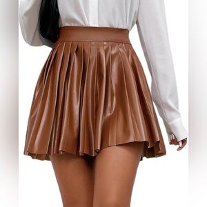 Brown Pleated Faux Leather Mini Skirt